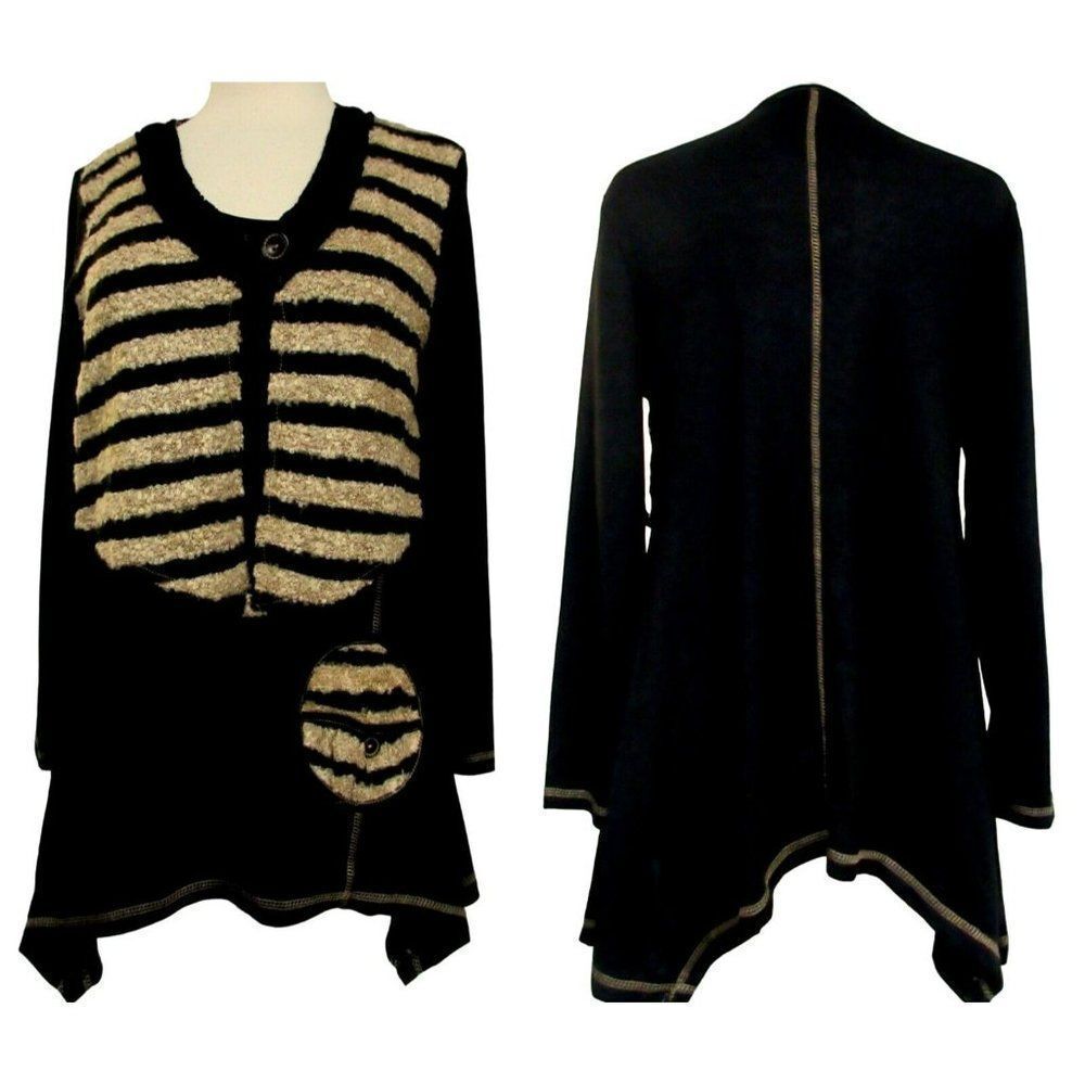 Kaktus Art To Wear Boucle Pullover Knit TopSz M Black & Tan Long Tail Sides NEW